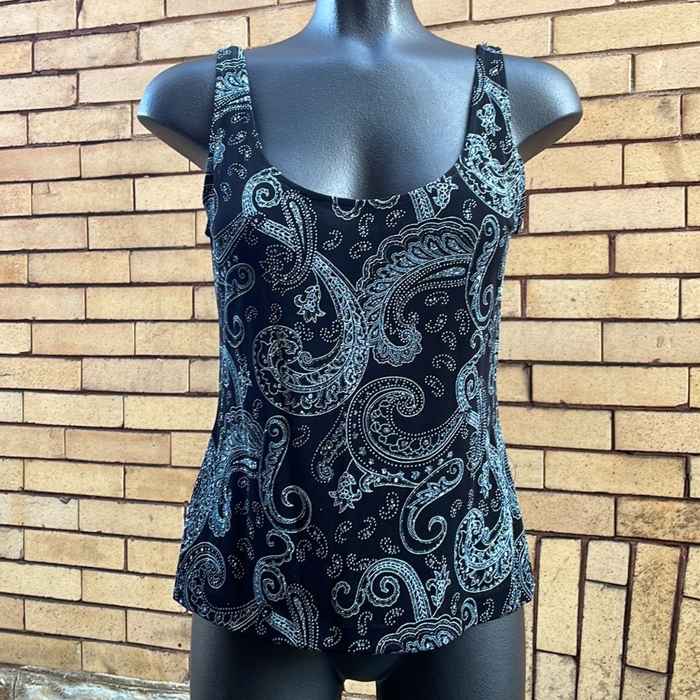 Alex Evenings Black Blue Paisley Embroidered Sleeveless Top Size Medium